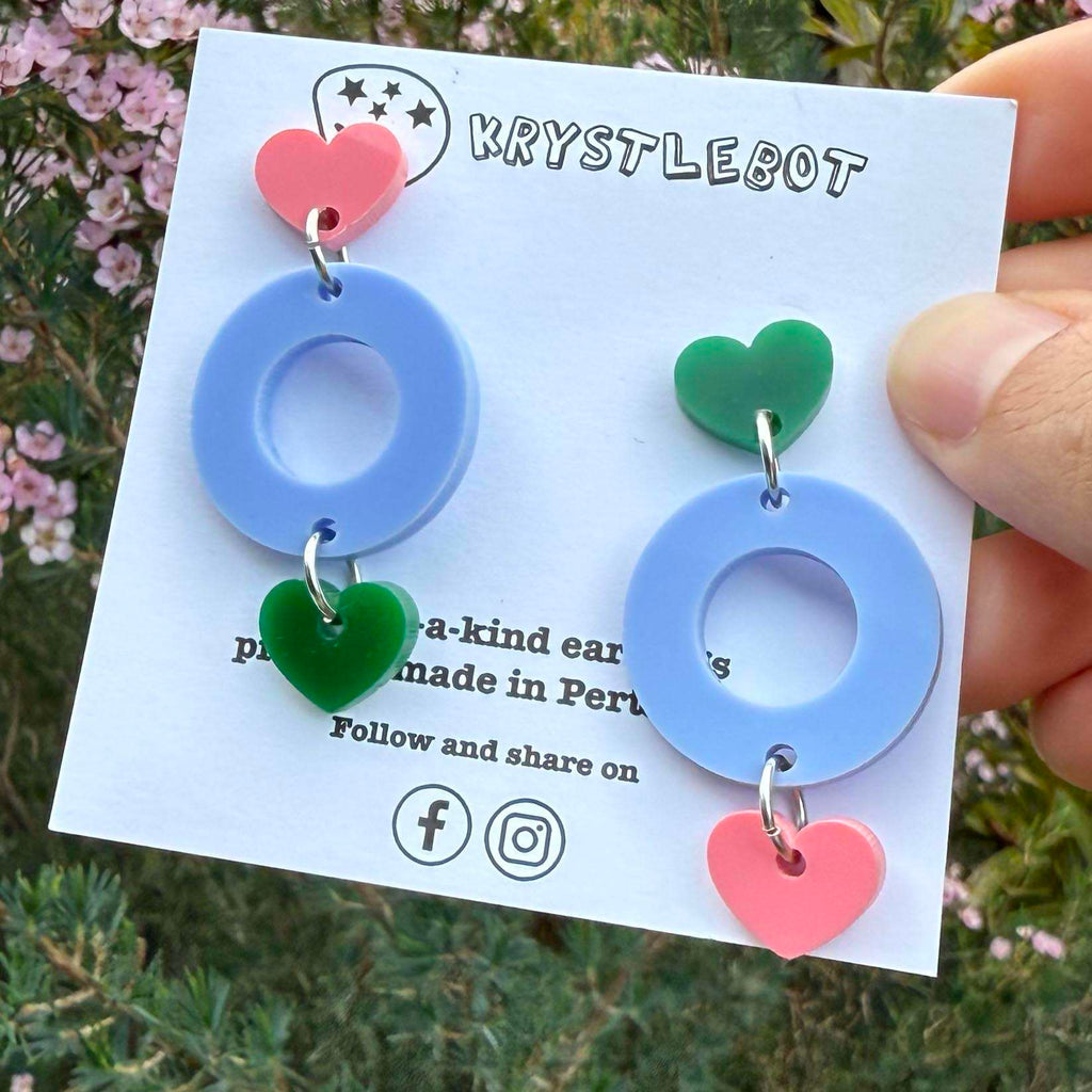 Blue, Raspberry Pink and Forrest Green Mismatched Circle and Heart Dangles, Acrylic earrings, Lightweight dangles,Teacher Earrings