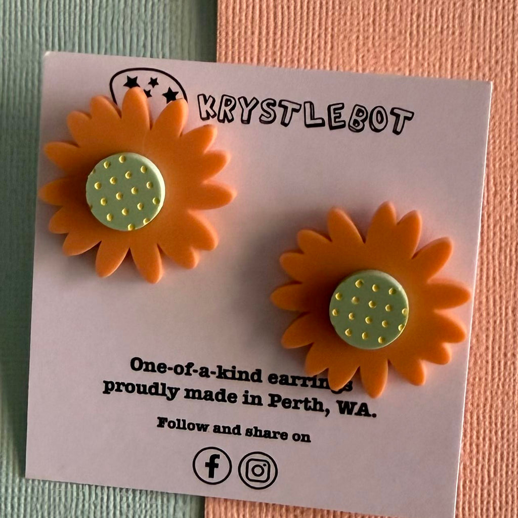 Orange and green Sunflower Stud Earrings Krystlebot