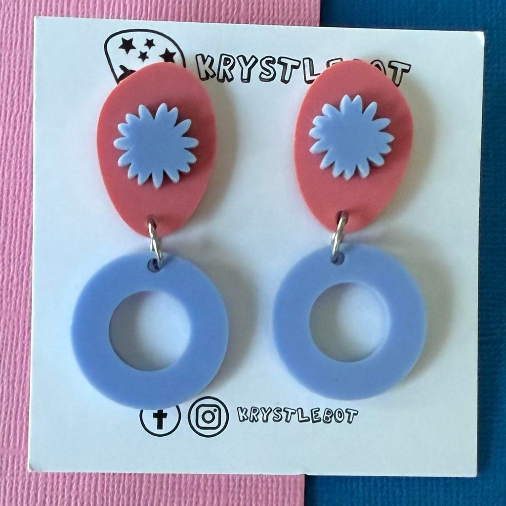 Blue and pink circle oval and starburst dangles, Acrylic earrings, Lightweight dangles,Teacher Earrings