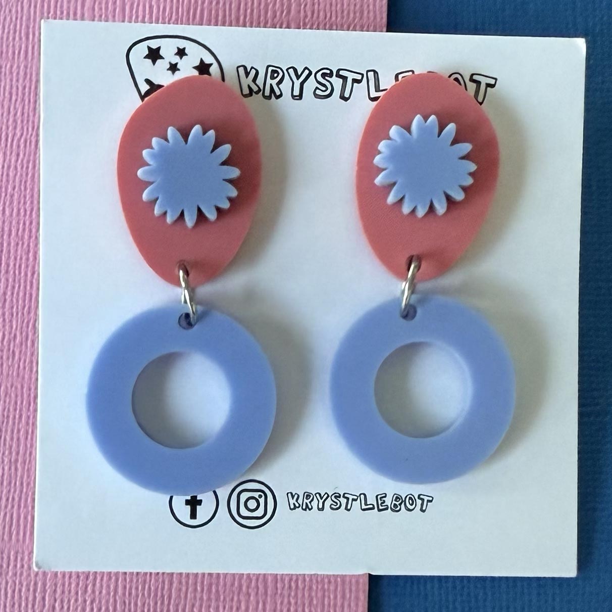 Blue and pink circle oval and starburst dangles, Acrylic earrings, Lightweight dangles,Teacher Earrings
