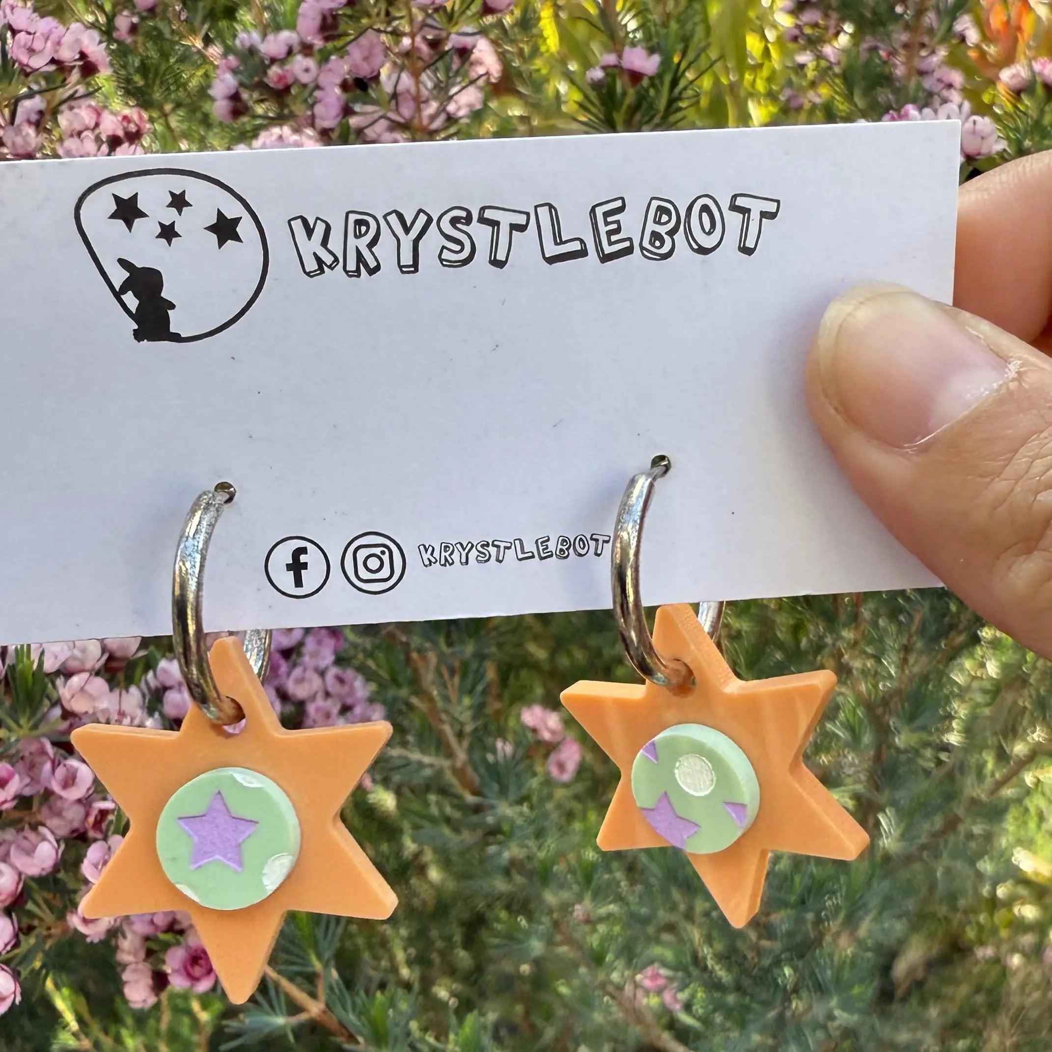 Orange Painted Star Huggie Hoop Square Earrings, Lightweight Acrylic Dangles, One-Off