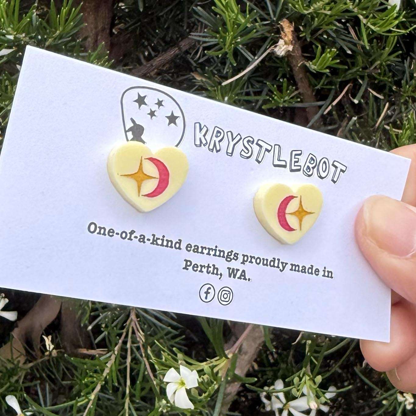 Yellow heart mini star and lunar moon hand painted acrylic earrings, one-of-a-kind, only one made like this