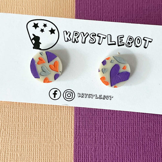 Painted Purple and Orange Heart Studs on a Cream Acrylic Base, Statement Studs, Acrylic Earrings Teacher Gift