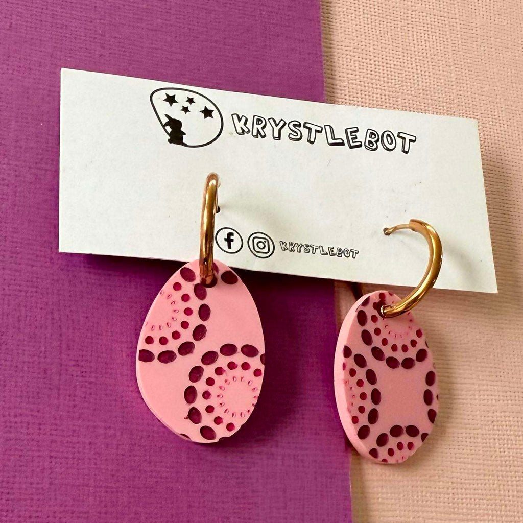 Pink Painted Circle Spots Huggie Hoop Oval Earrings, Lightweight Acrylic Dangles, One-Off