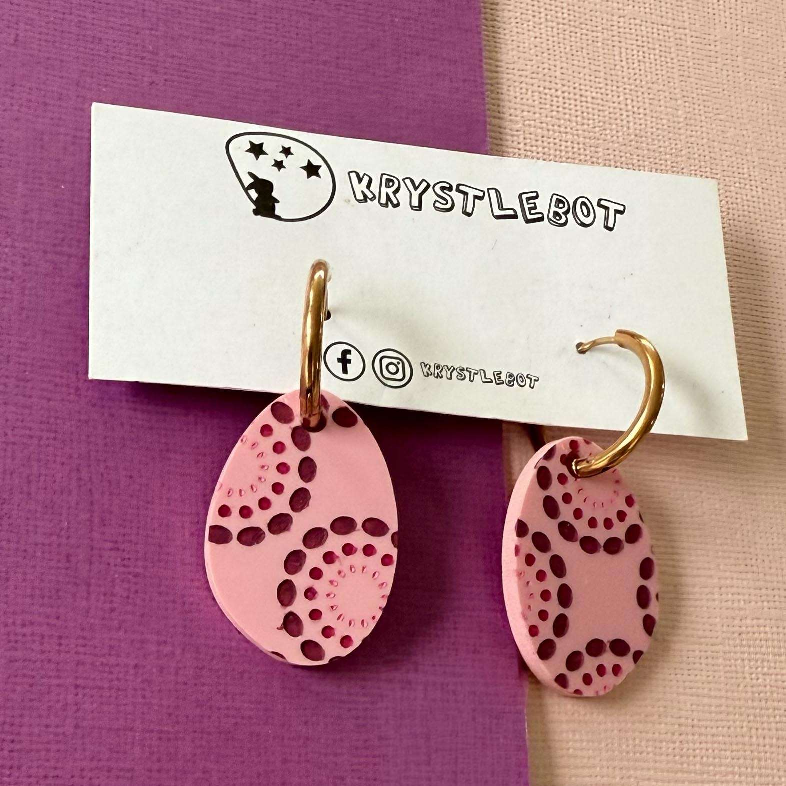 Pink Painted Circle Spots Huggie Hoop Oval Earrings, Lightweight Acrylic Dangles, One-Off