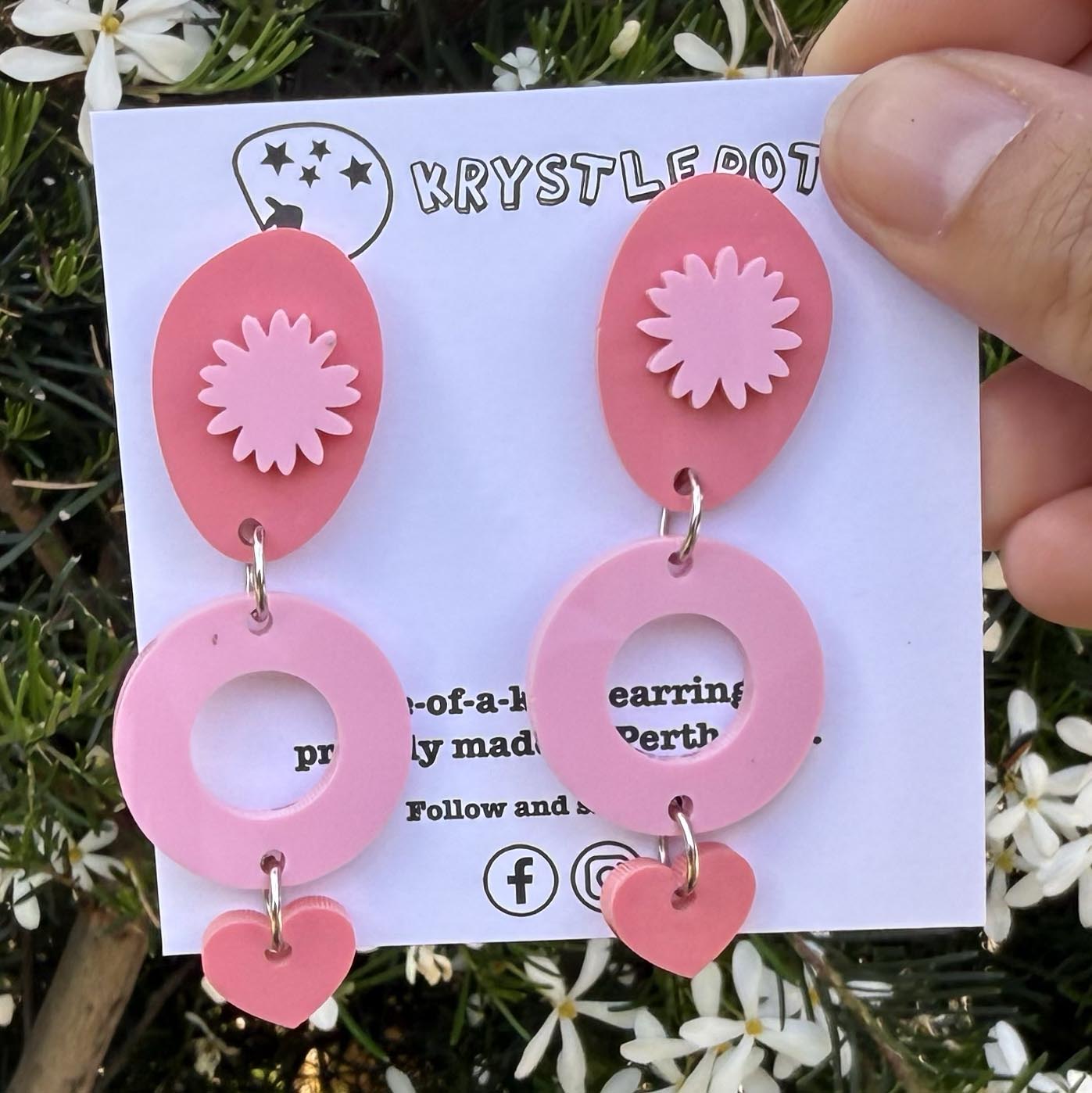 Two toned pink, oval and starburst dangles, Acrylic earrings, Lightweight dangles,Teacher Earrings