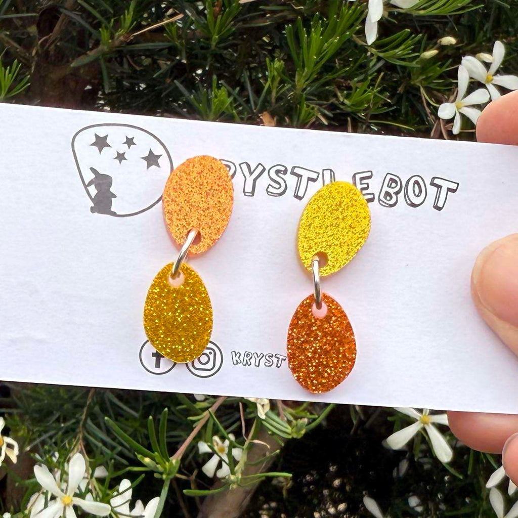 Orange and Yellow sports glitter small oval dangle earrings, mismatch lightweight earrings, teacher dangles, kid earrings, first earrings