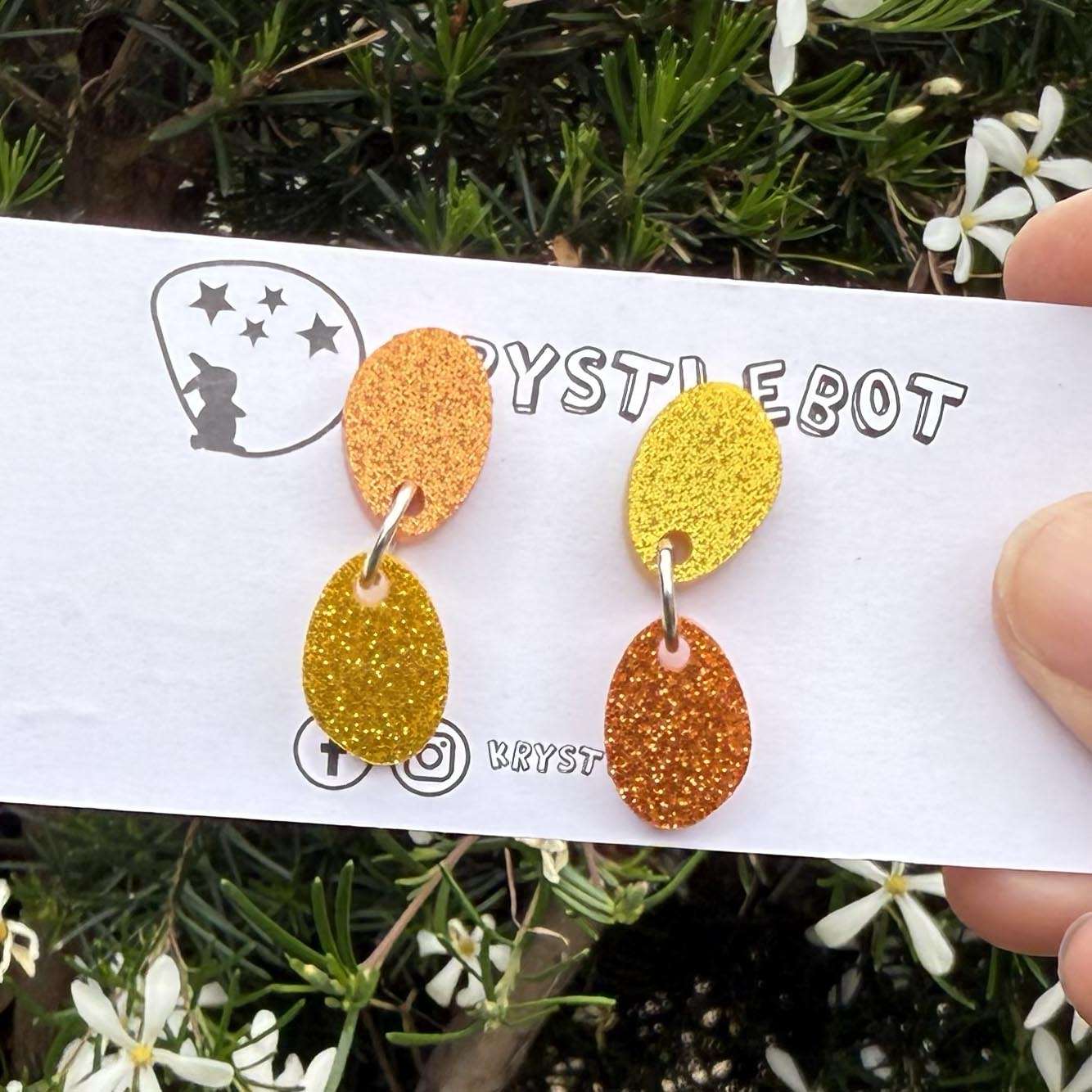 Orange and Yellow sports glitter small oval dangle earrings, mismatch lightweight earrings, teacher dangles, kid earrings, first earrings
