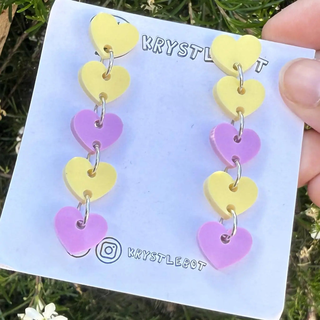 Yellow and purple sweetheart dangles, mini heart dangles, acrylic earrings, teacher earrings, lightweight dangles