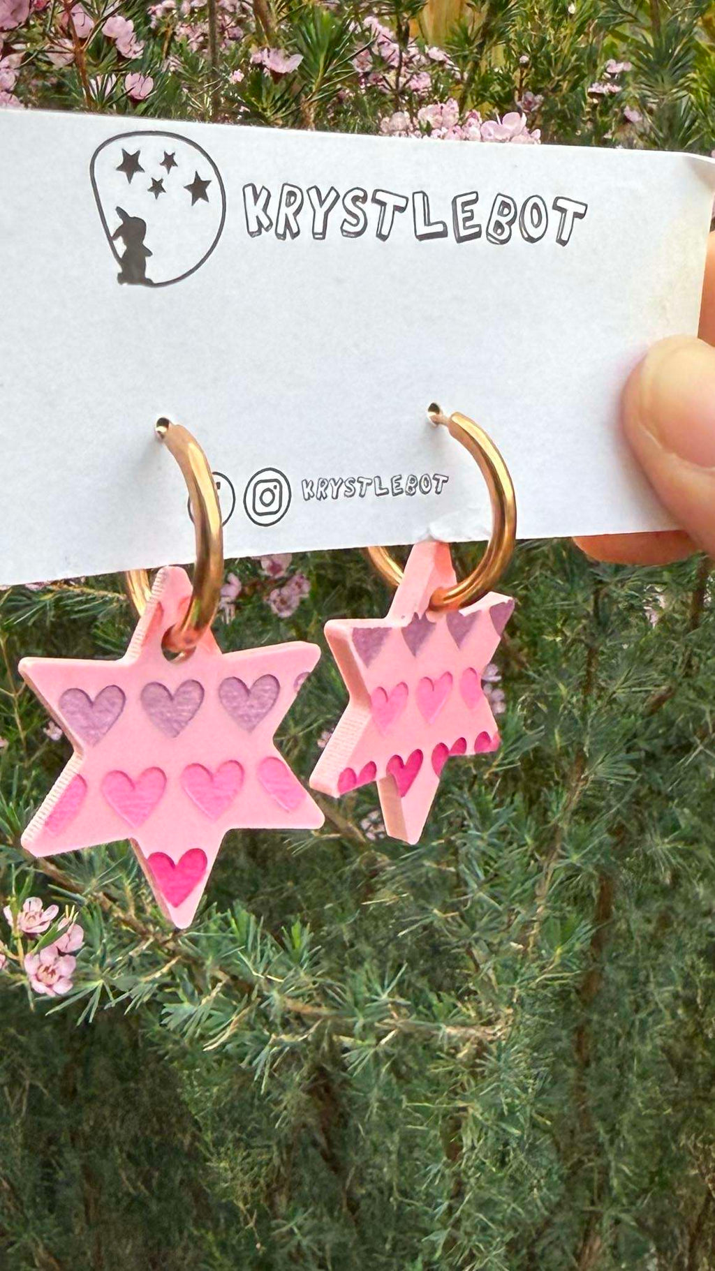 Pink star dangles hand painted with pink, magenta and peach hearts, Huggie Hoop Square Earrings, Lightweight Acrylic Dangles, One-Off