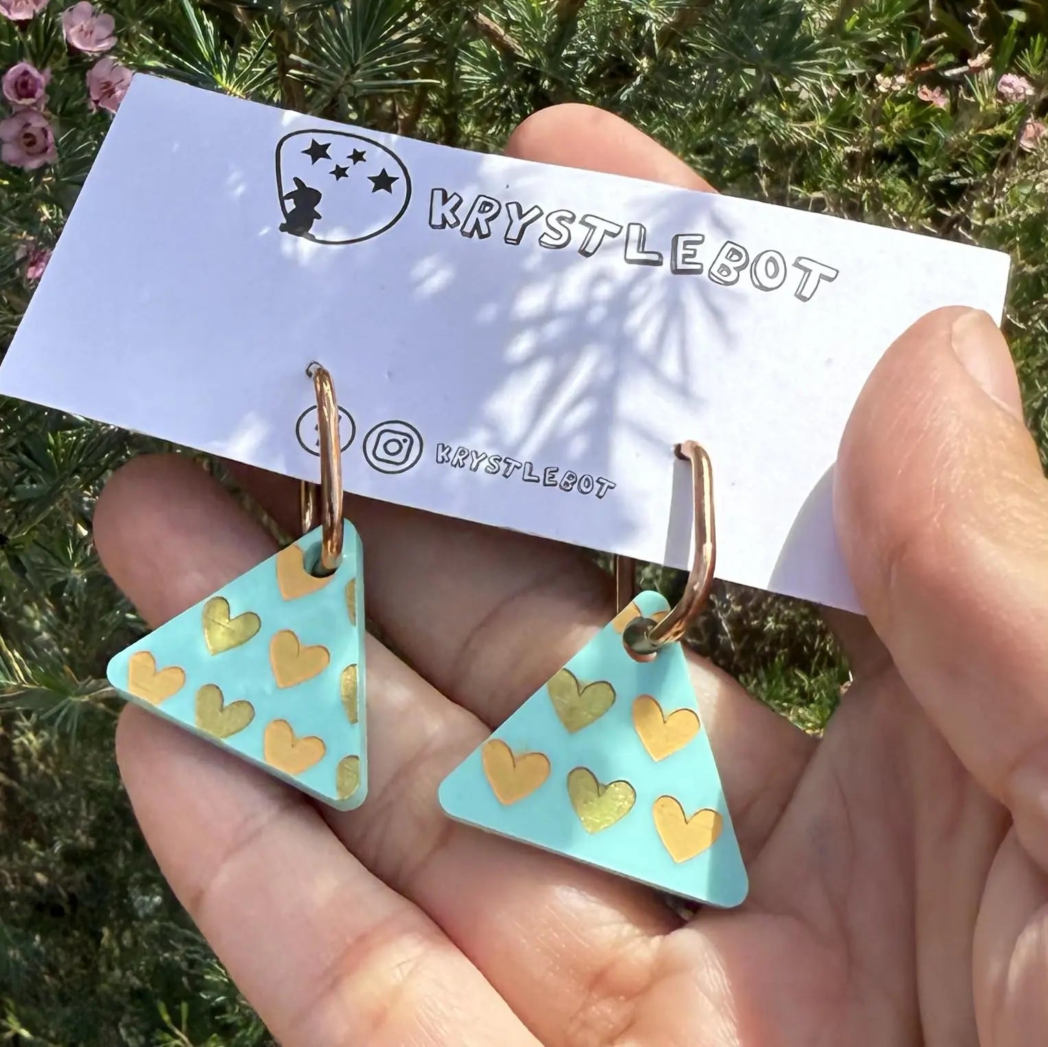 Mint green Yellow Painted Heart Spots Huggie Hoop triangle Earrings, Lightweight Acrylic Dangles, One-Off