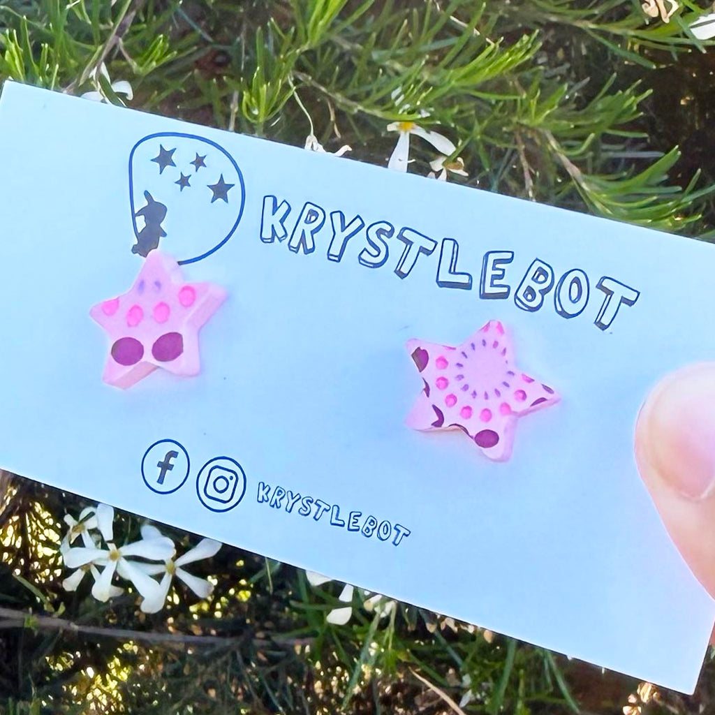Pink spotted painted star statement studs, Teacher Gifts, Everyday earrings, Basic Studs