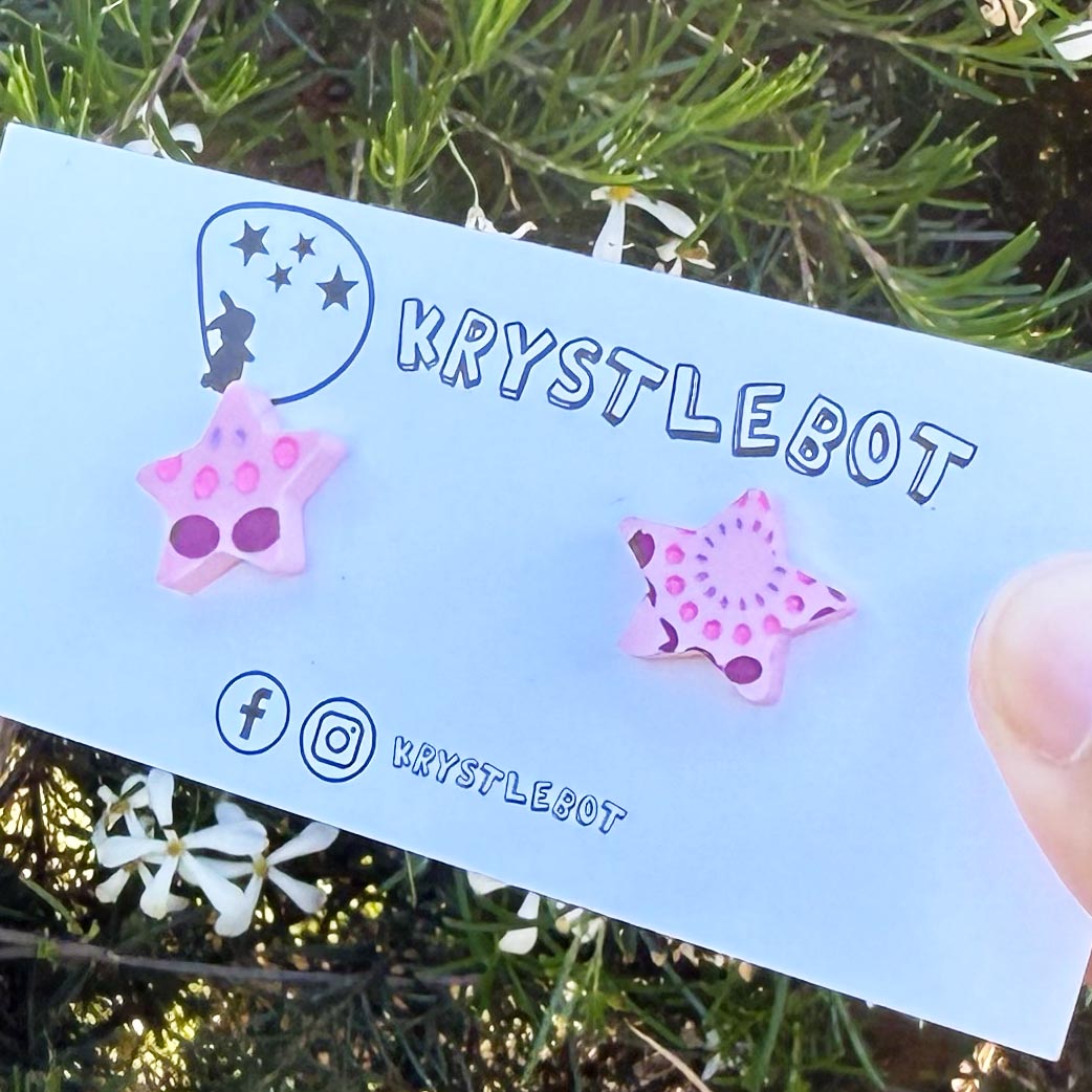Pink spotted painted star statement studs, Teacher Gifts, Everyday earrings, Basic Studs