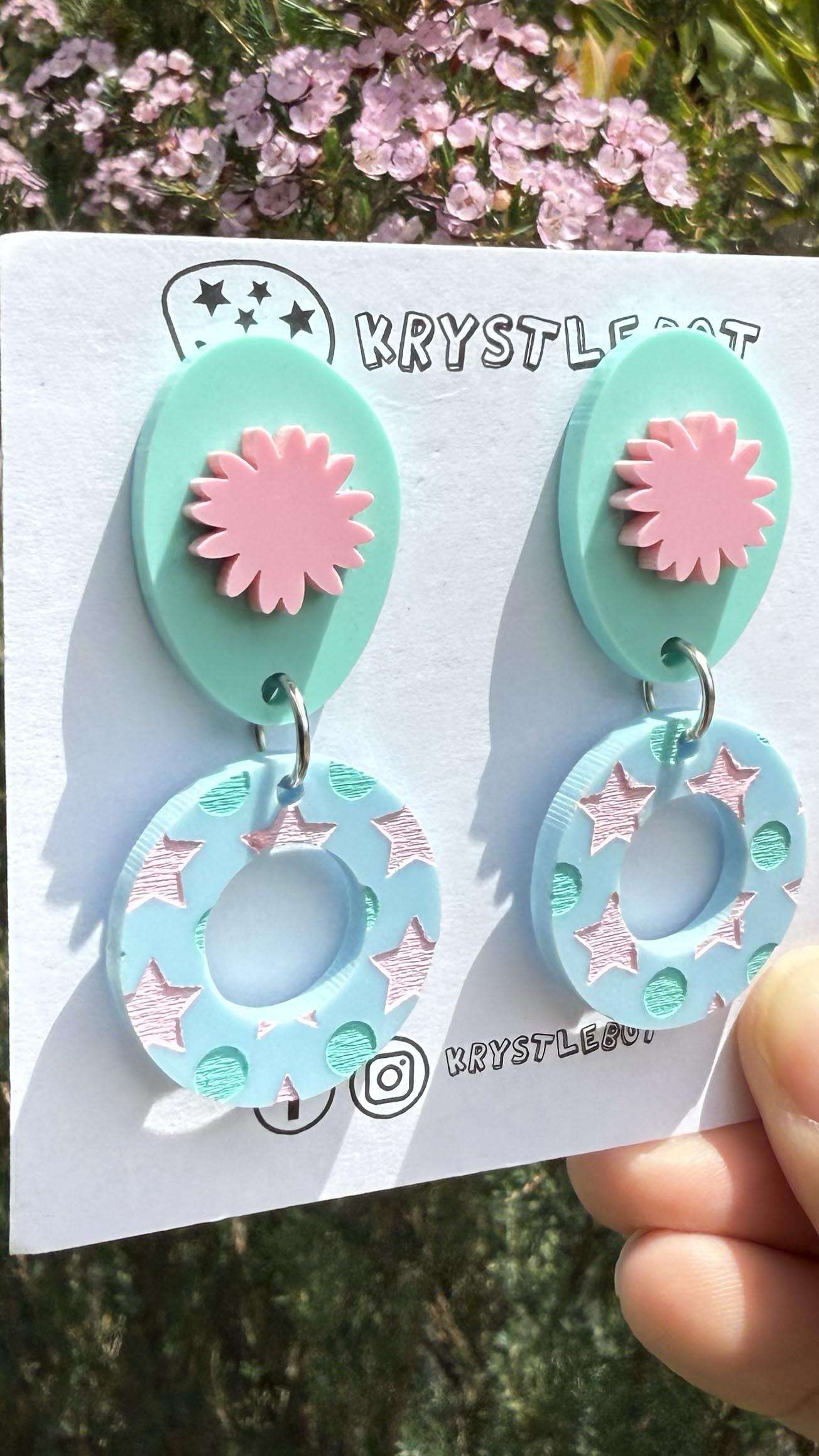 Spearmint green, pink and blue circle, oval and starburst dangles, star painted pattern, Acrylic earrings, Lightweight dangles,Teacher Earrings