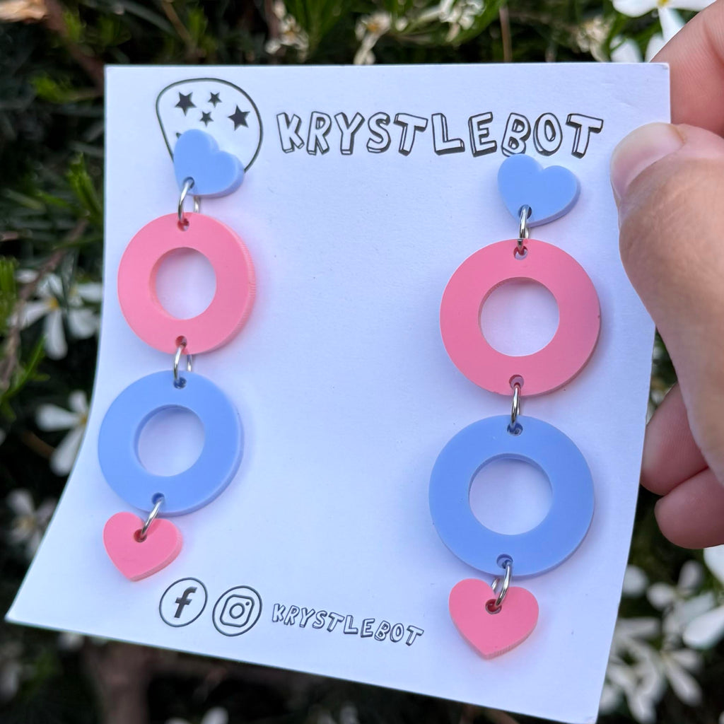Raspberry pink and blue heart and circle dangles, Acrylic earrings, Lightweight dangles,Teacher Earrings