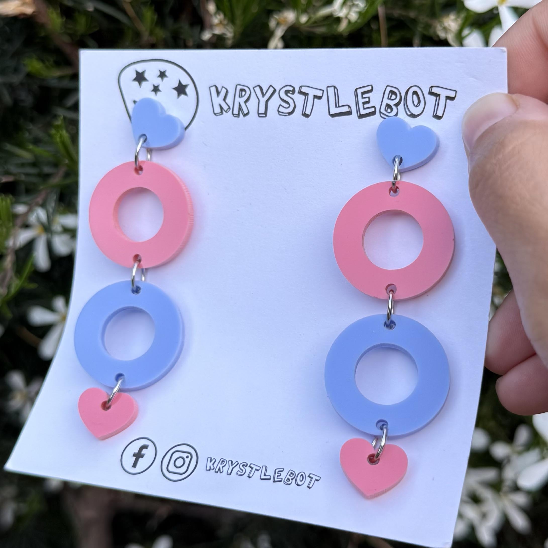 Raspberry pink and blue heart and circle dangles, Acrylic earrings, Lightweight dangles,Teacher Earrings