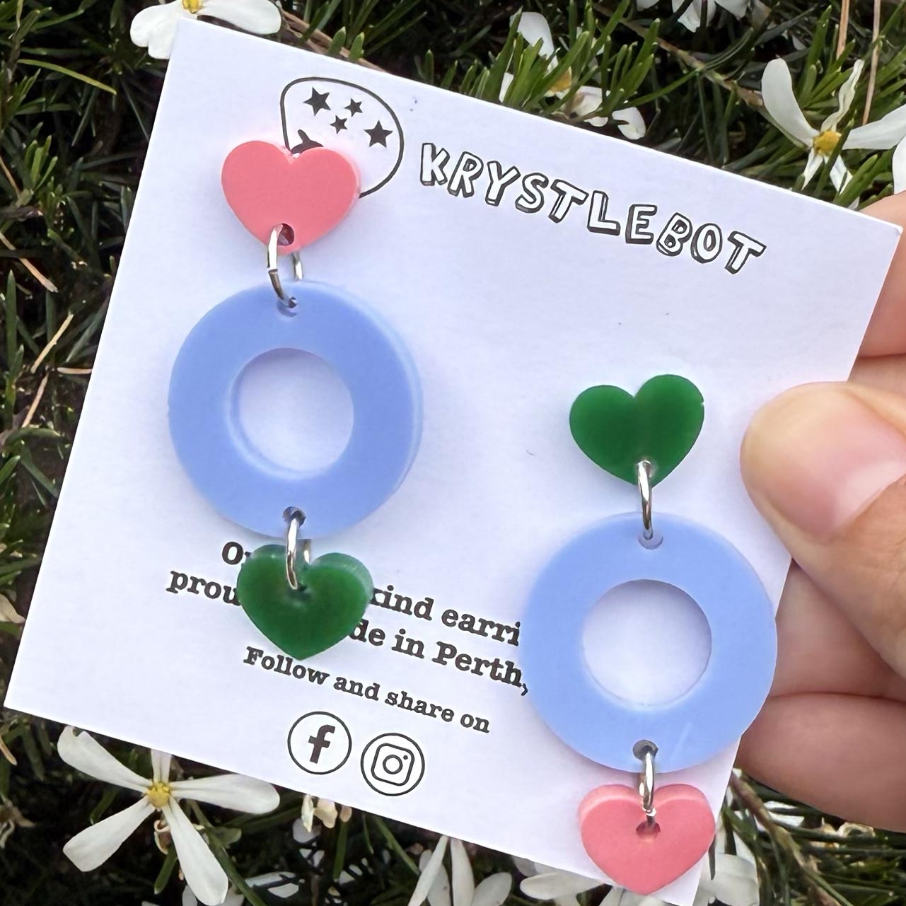 Blue, Raspberry Pink and Forrest Green Mismatched Circle and Heart Dangles, Acrylic earrings, Lightweight dangles,Teacher Earrings