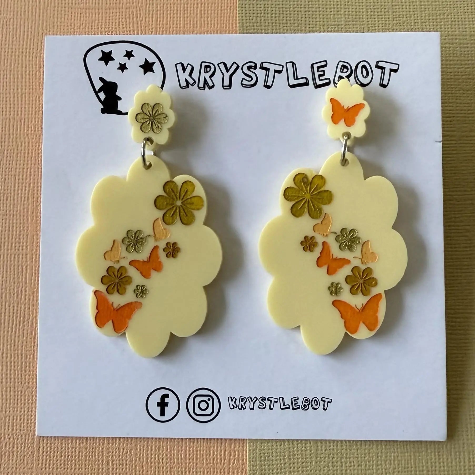 Yellow flower and butterfly Inspired Hand Painted Flower Cloud Burst Earrings, Lightweight Acrylic Dangles, One-Off