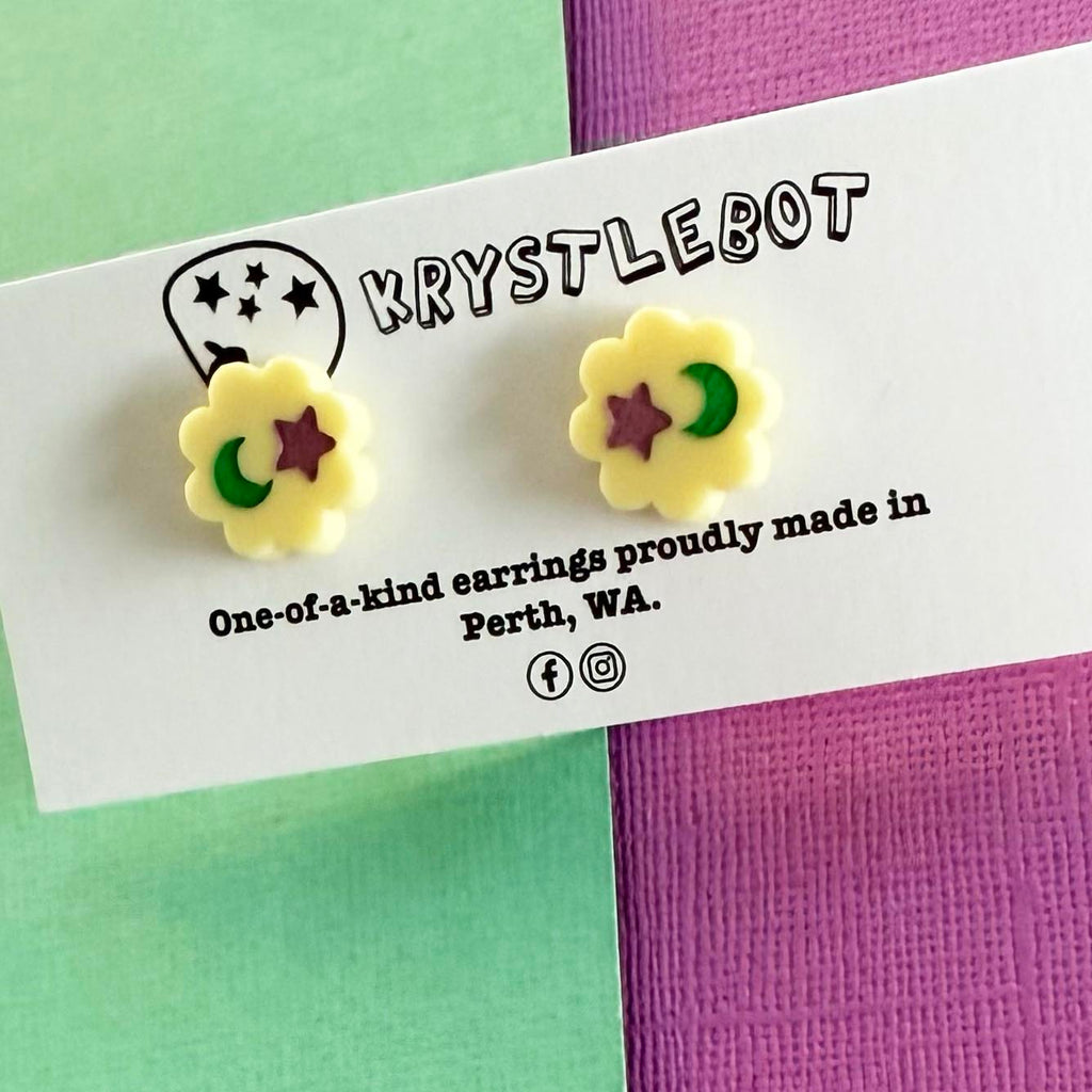 Yellow hand painted star and moon studs, Teacher Gifts, Everyday earrings, Basic Studs