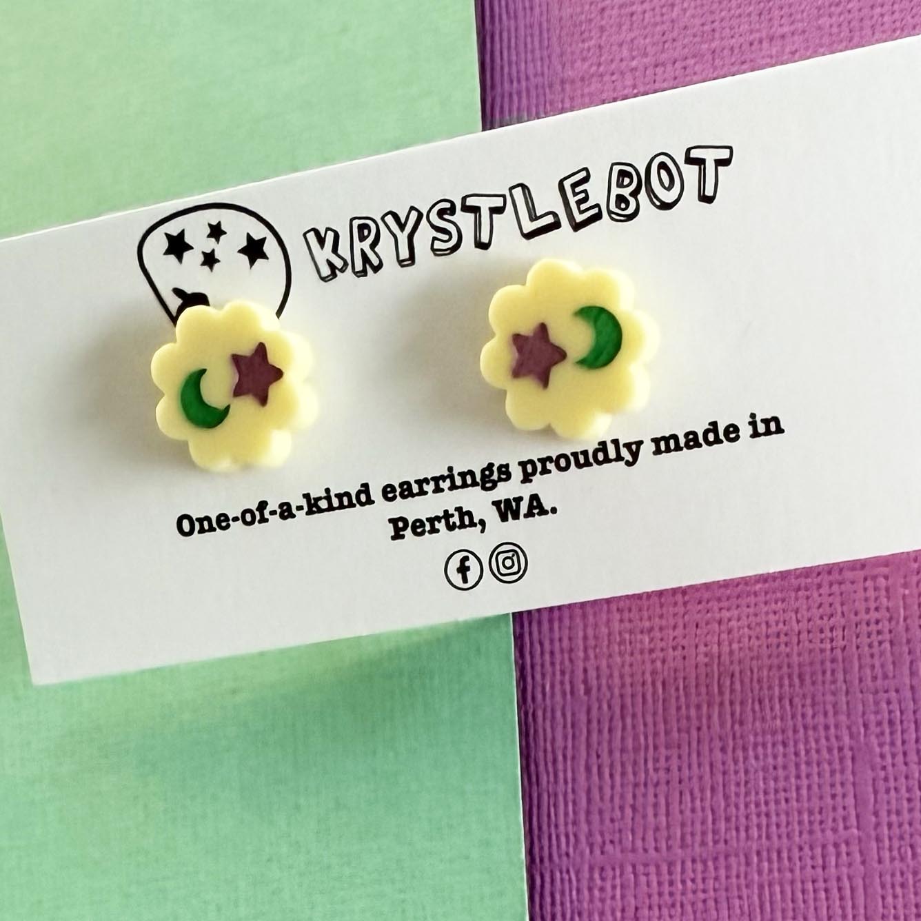 Yellow hand painted star and moon studs, Teacher Gifts, Everyday earrings, Basic Studs