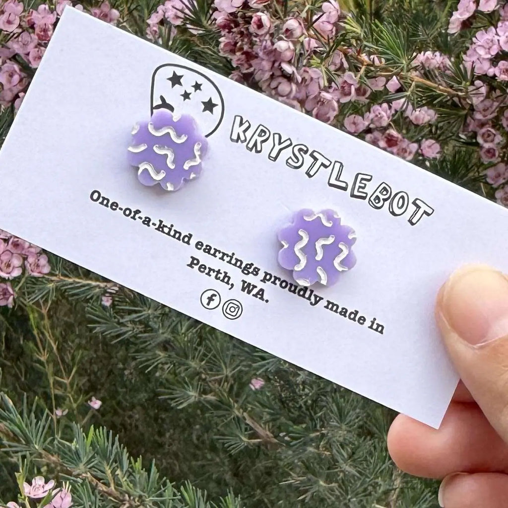 Purple and white hand painted squiggle studs, Teacher Gifts, Everyday earrings, Basic Studs