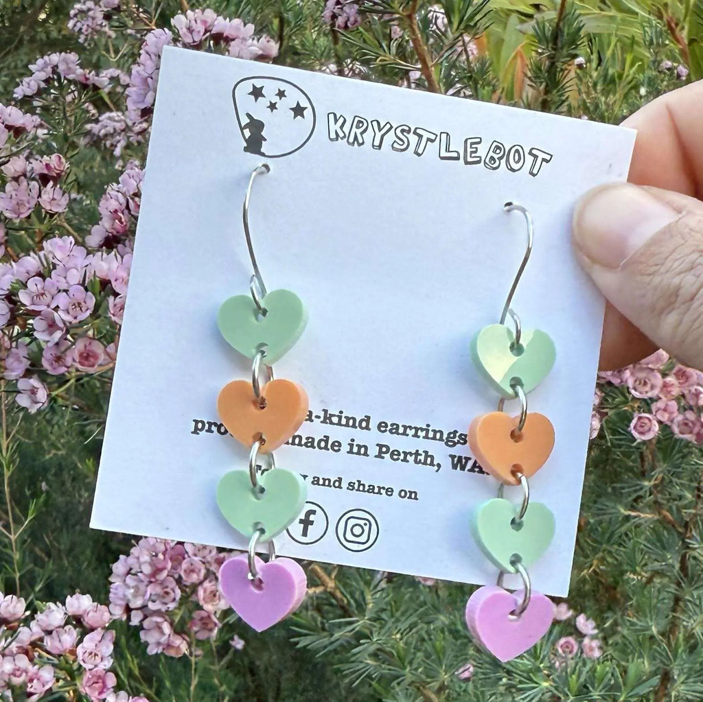 Green orange sweetheart dangles, mini heart dangles, acrylic earrings, teacher earrings, lightweight dangles