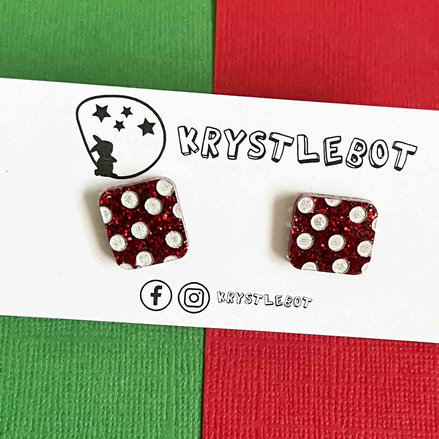 Red glitter Christmas mini spotted painted square studs, Teacher Gifts, Everyday earrings, Basic Studs