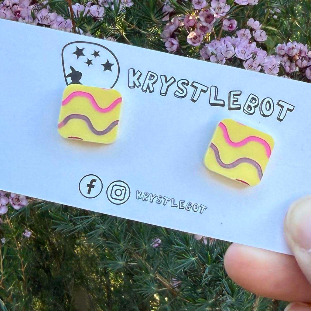 Yellow pink waves hand painted square shaped acrylic earrings, one-of-a-kind, only one made like this
