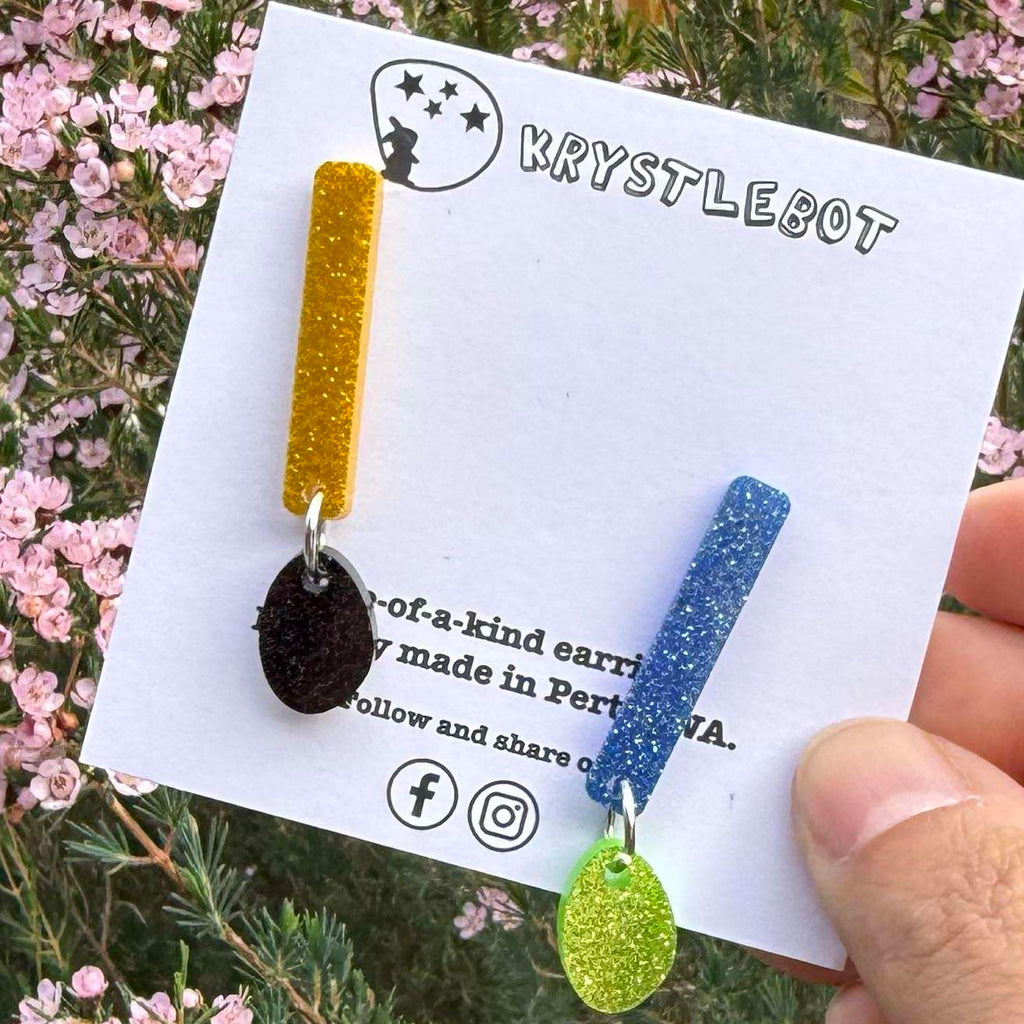 Mismatched green, yellow, blue and black glitter pop dangles, rectangular and heart combo dangles, teacher earrings, lightweight dangles