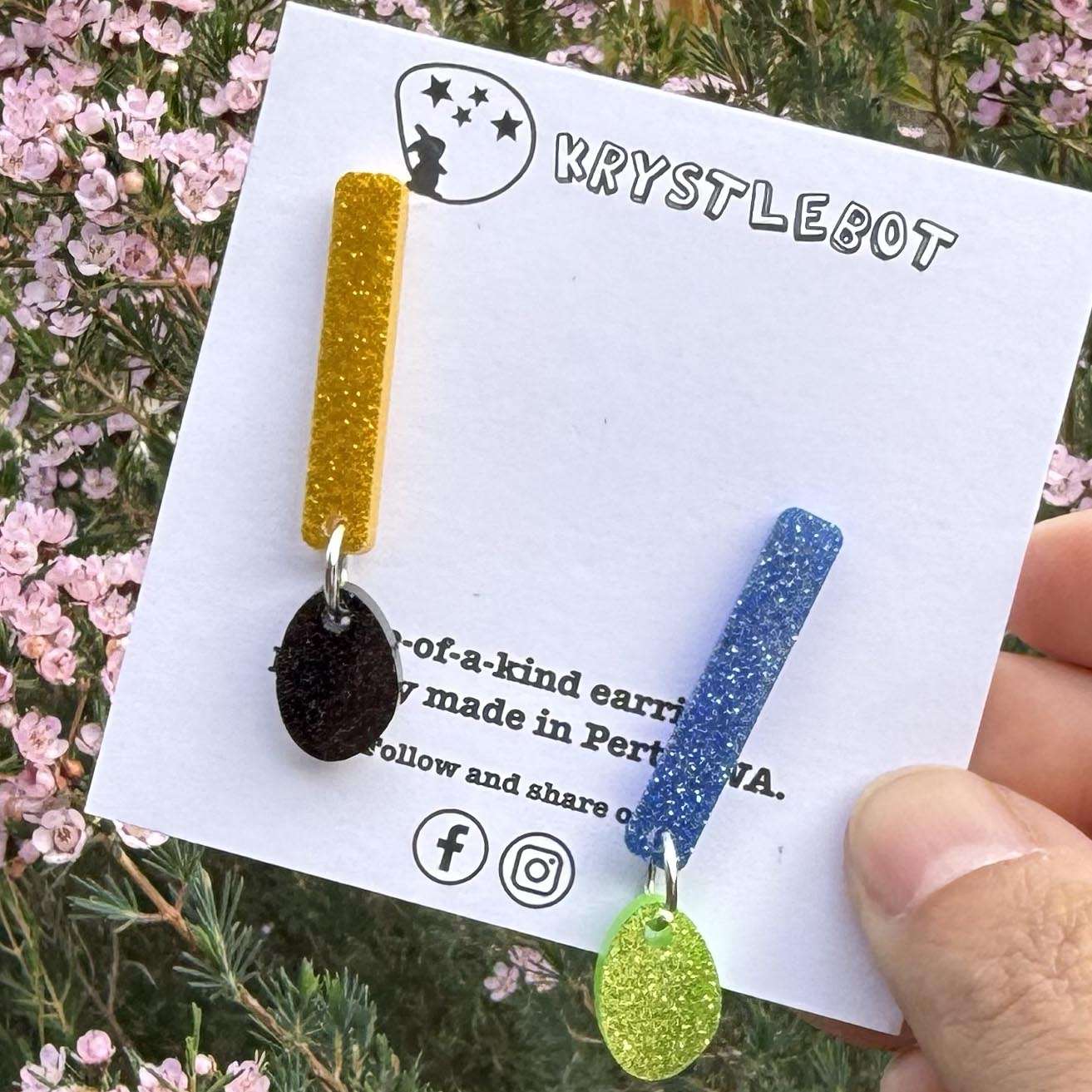 Mismatched green, yellow, blue and black glitter pop dangles, rectangular and heart combo dangles, teacher earrings, lightweight dangles