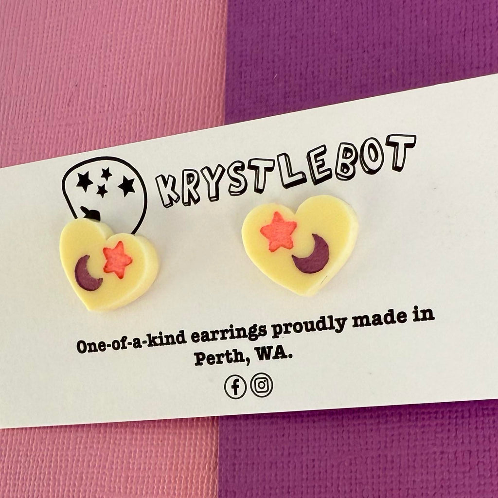 Yellow mini heart star and moon hand painted acrylic earrings, one-of-a-kind, only one made like this