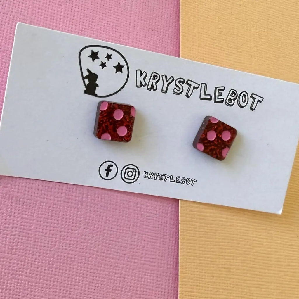 Red glitter with pink coloured spotted painted square studs, Teacher Gifts, Everyday earrings, Basic Studs