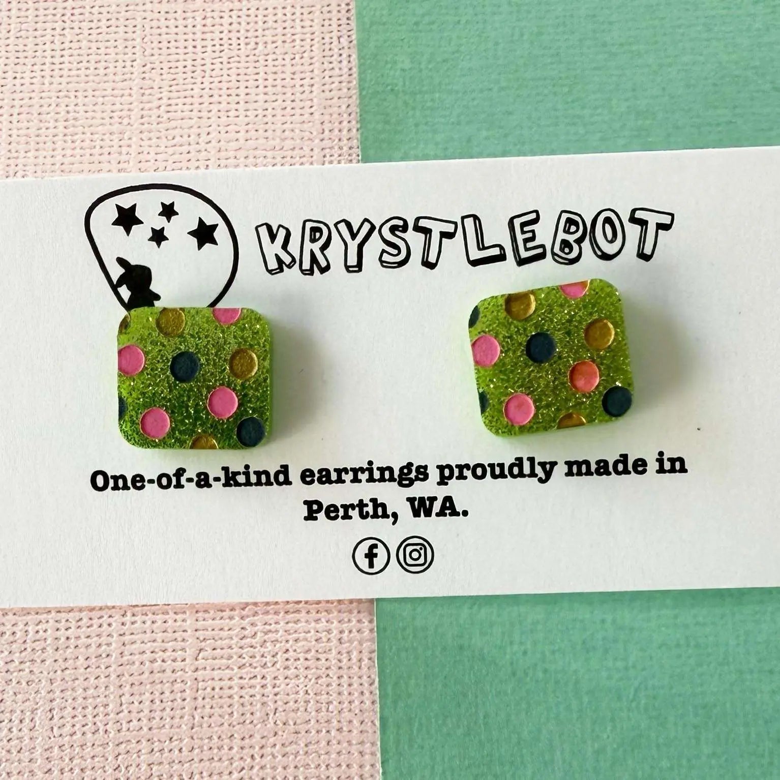 Apple green glitter spotted hand painted square shaped acrylic earrings, one-of-a-kind, only one made like this