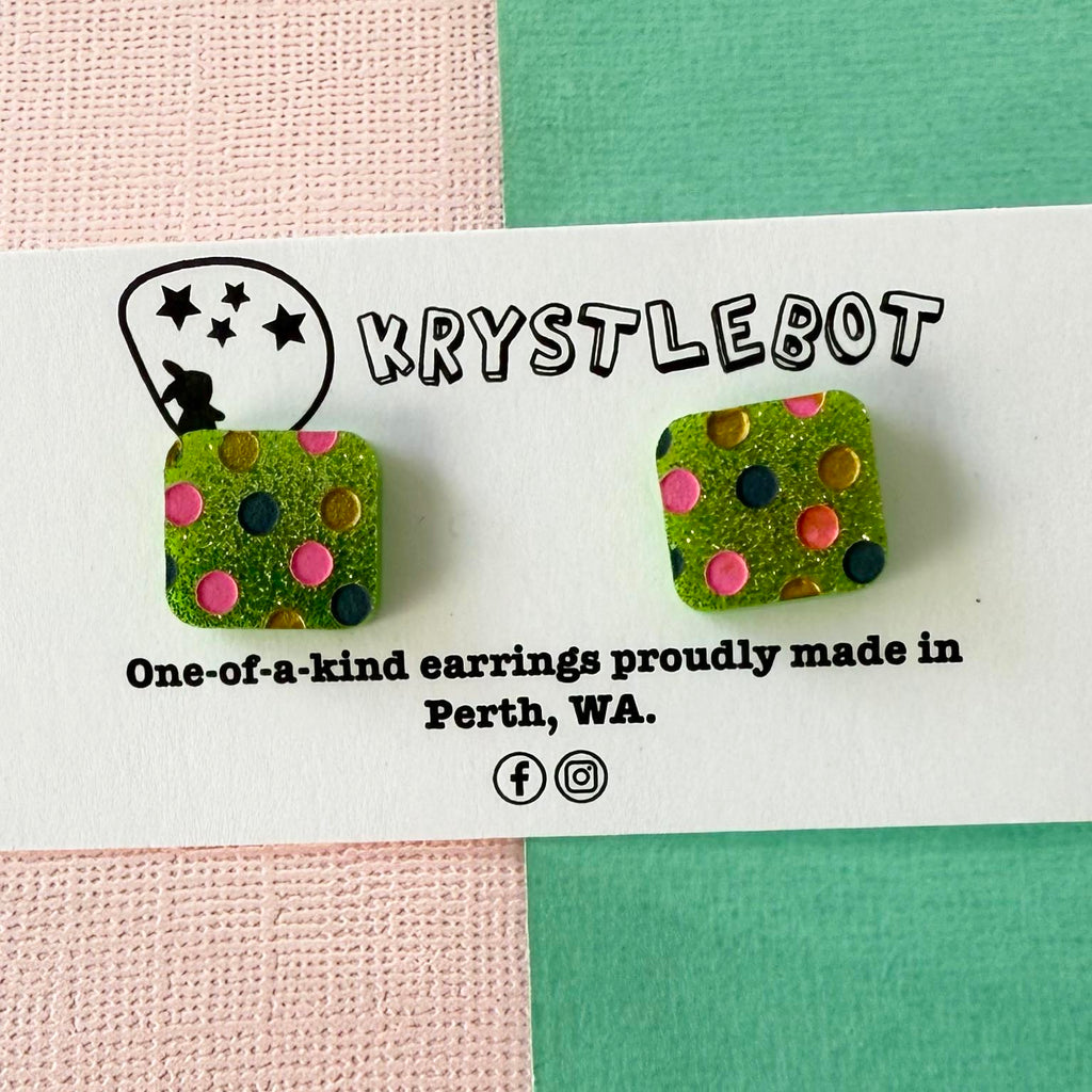 Apple green glitter spotted hand painted square shaped acrylic earrings, one-of-a-kind, only one made like this
