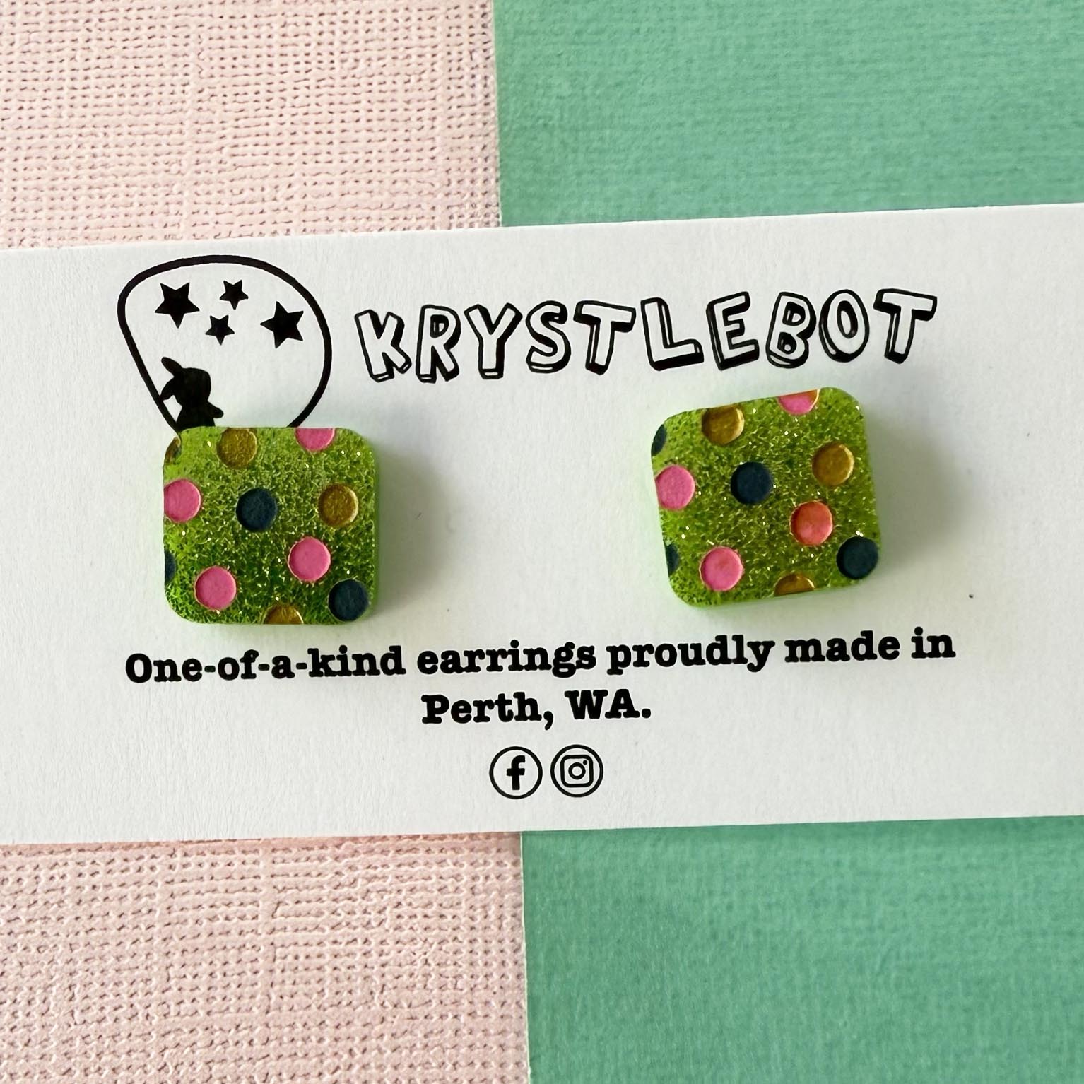 Apple green glitter spotted hand painted square shaped acrylic earrings, one-of-a-kind, only one made like this