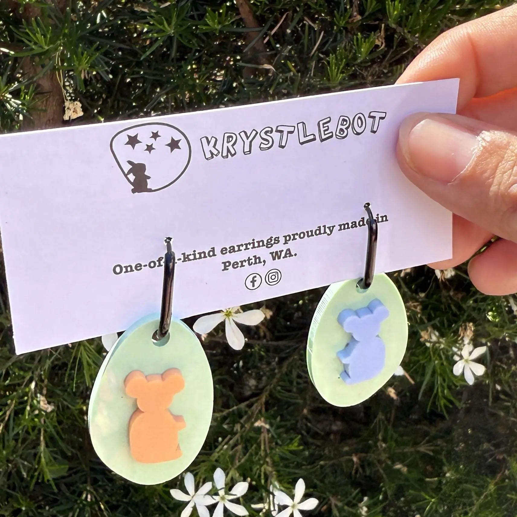 Green mismatched blue and orange koala Huggie Hoop Square Earrings, Lightweight Acrylic Dangles, One-Off