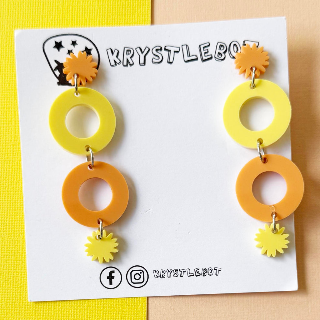 Orange and yellow starburst and circle dangles, Acrylic earrings, Lightweight dangles,Teacher Earrings