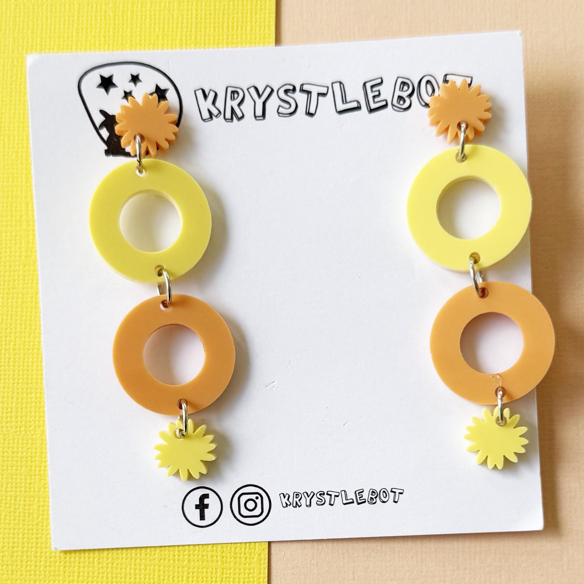 Orange and yellow starburst and circle dangles, Acrylic earrings, Lightweight dangles,Teacher Earrings