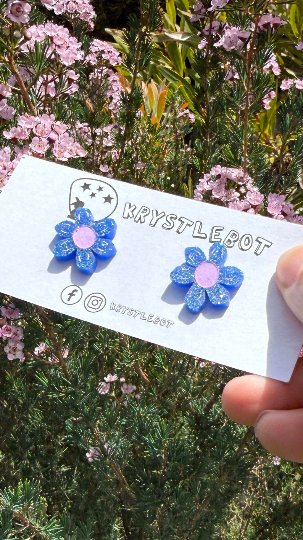 Blue glitter daisy studs, hand painted with pink centre and petal features, Lightweight Acrylic Studs Earrings, first earring
