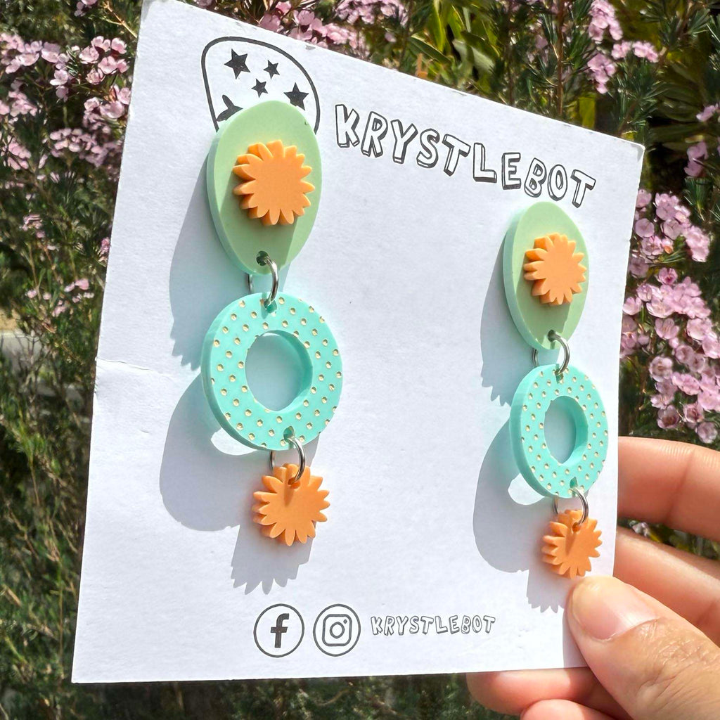 Spearmint green, orange and sage green circle, oval and starburst dangles, spotted painted pattern, Acrylic earrings, Lightweight dangles,Teacher Earrings