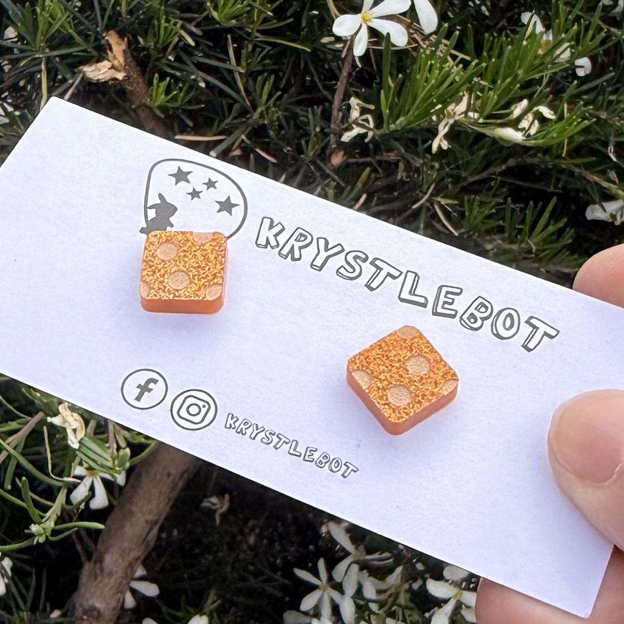 Orange glitter with peach coloured spotted painted square studs, Teacher Gifts, Everyday earrings, Basic Studs