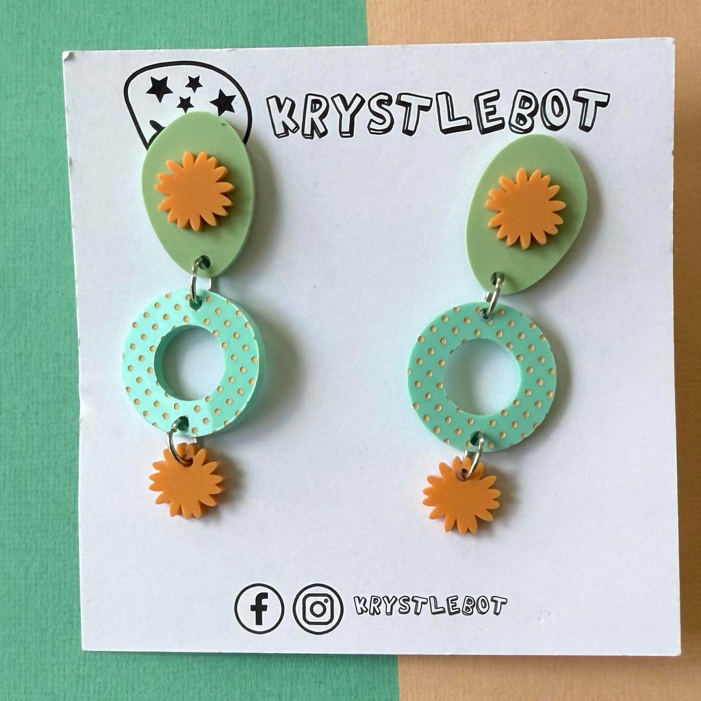 Spearmint green, orange and sage green circle, oval and starburst dangles, spotted painted pattern, Acrylic earrings, Lightweight dangles,Teacher Earrings