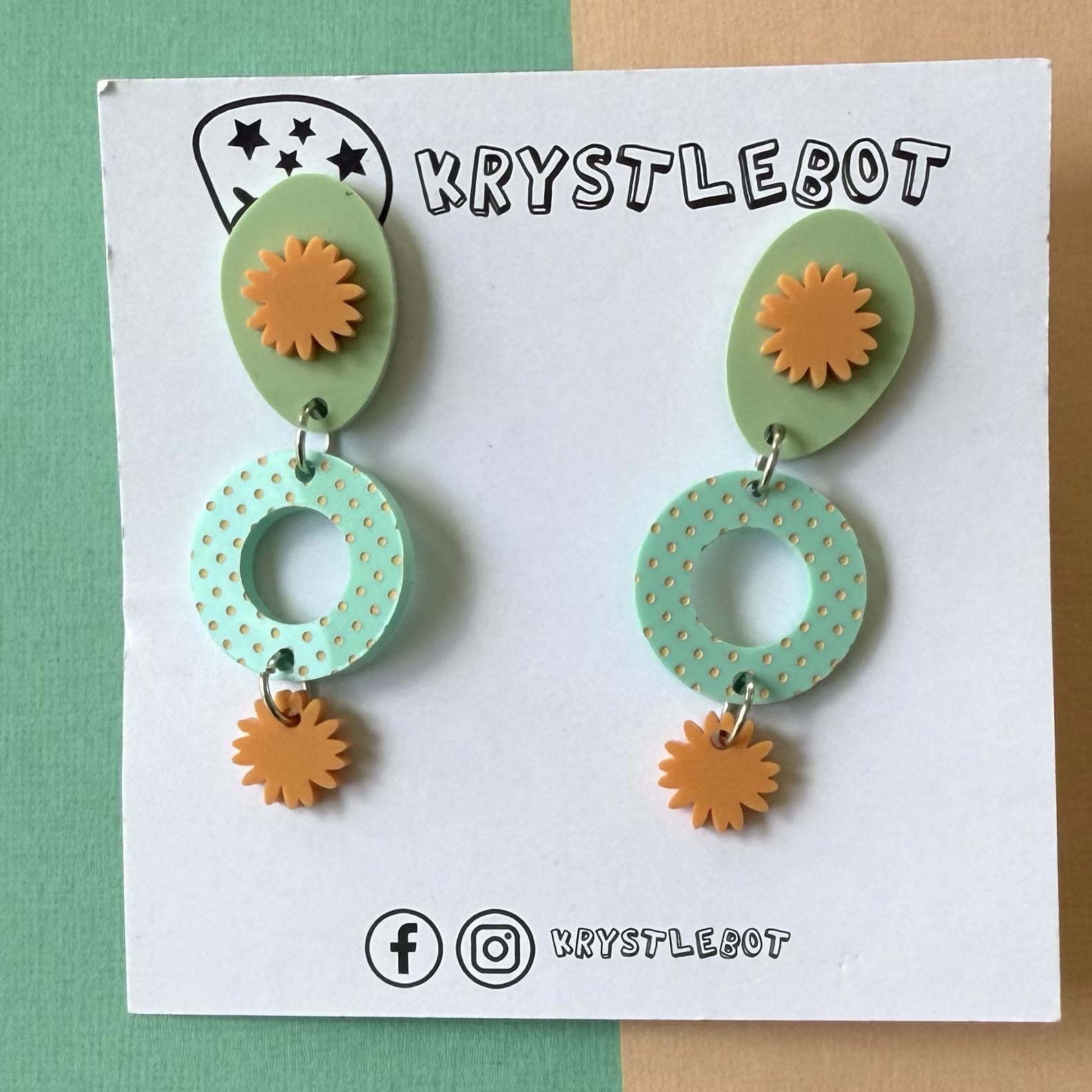 Spearmint green, orange and sage green circle, oval and starburst dangles, spotted painted pattern, Acrylic earrings, Lightweight dangles,Teacher Earrings