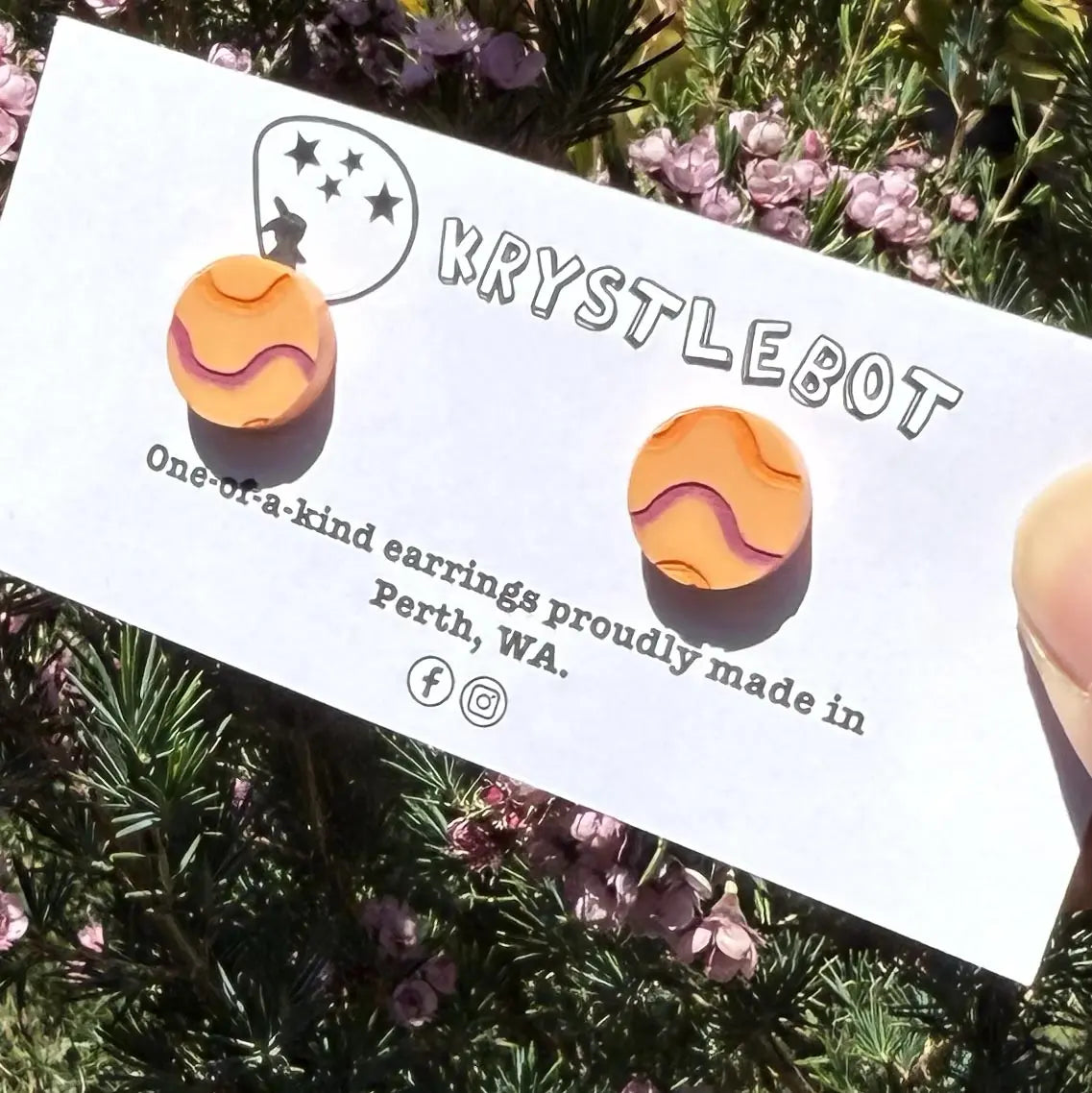 Orange wave hand painted circle studs, Teacher Gifts, Everyday earrings, Basic Studs