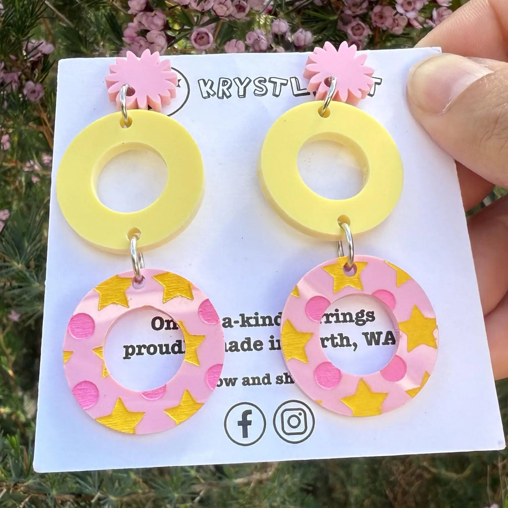 Pink and yellow painted circle and starburst statement dangles, Acrylic earrings, Lightweight dangles,Teacher Earrings