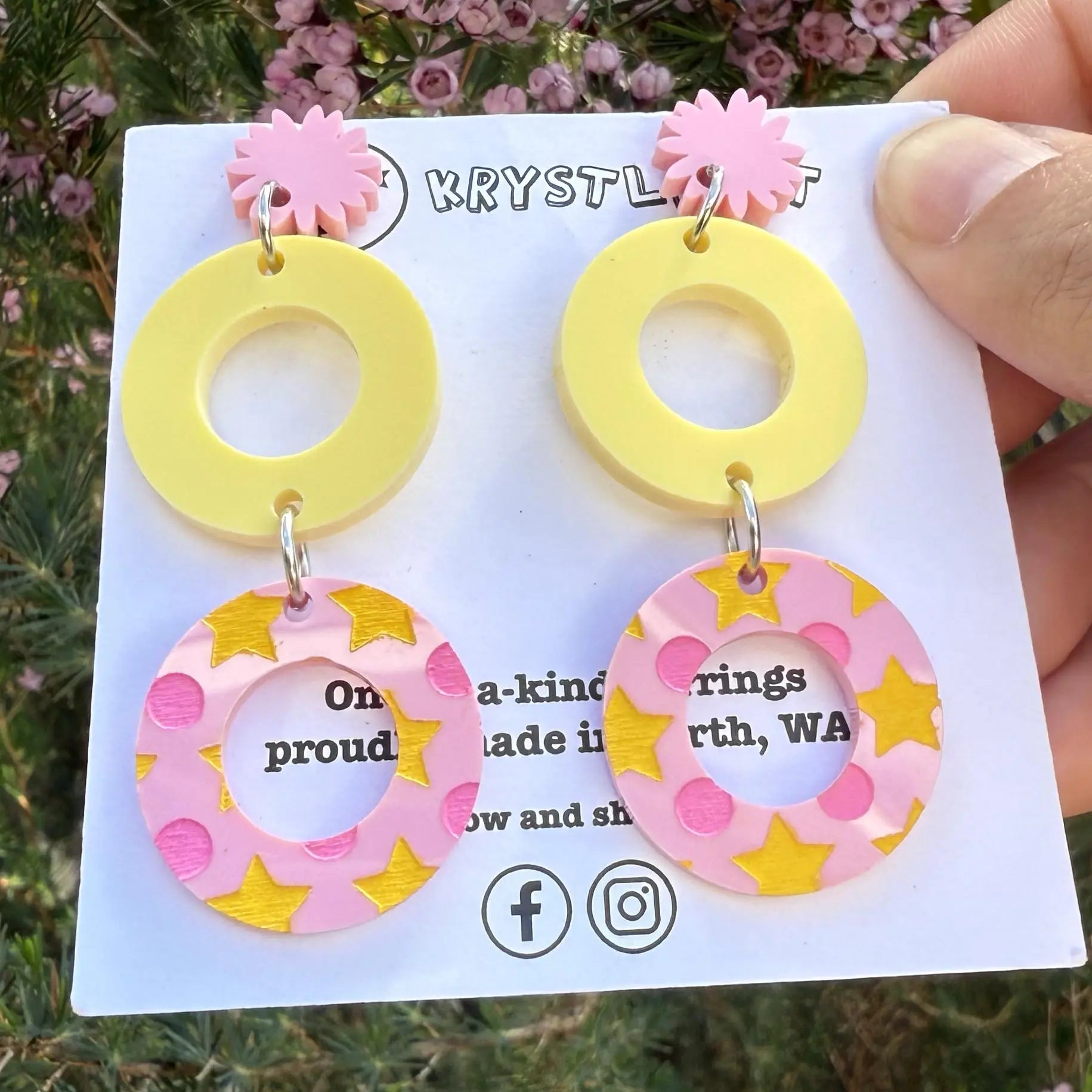 Pink and yellow painted circle and starburst statement dangles, Acrylic earrings, Lightweight dangles,Teacher Earrings