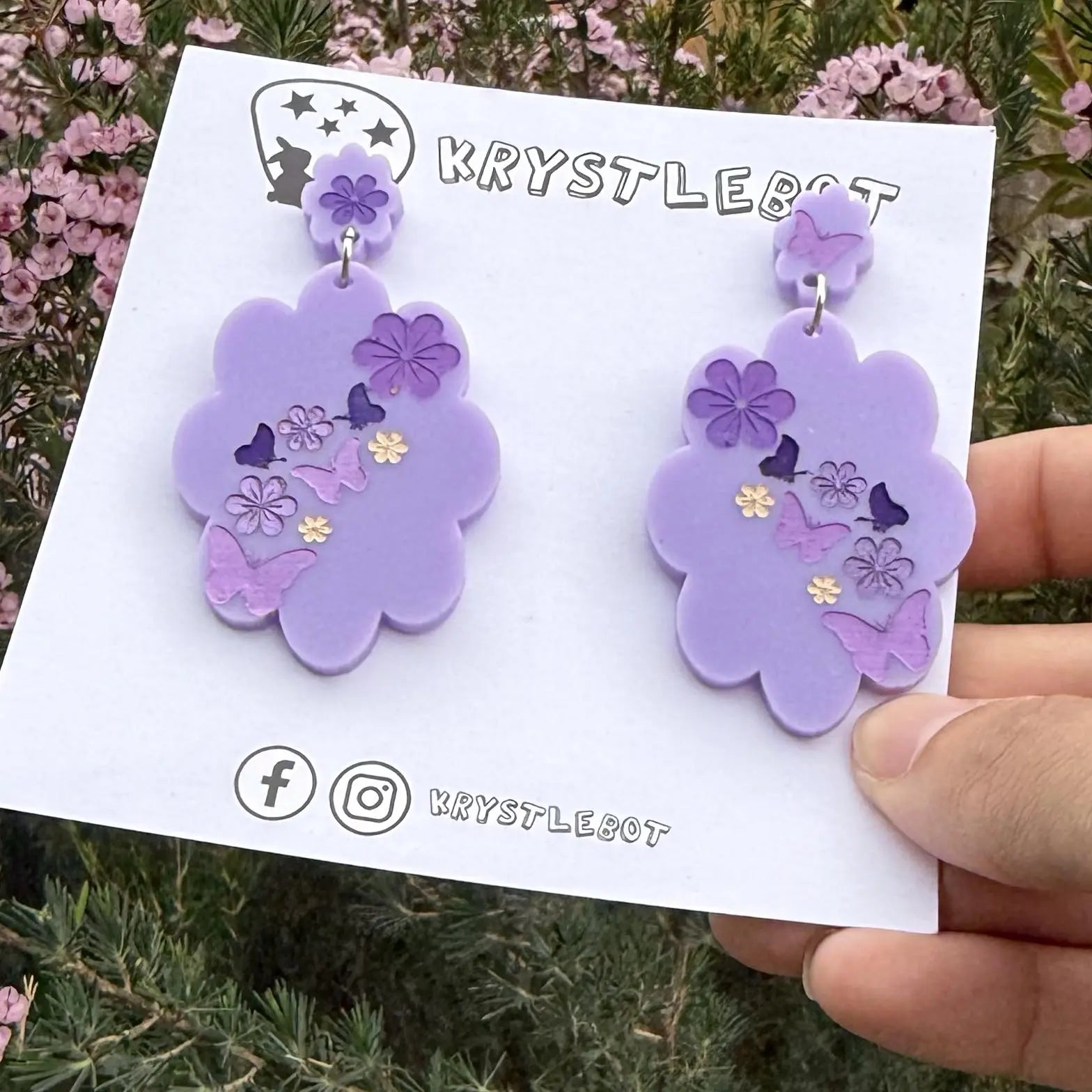 Purple flower and butterfly Inspired Hand Painted Flower Cloud Burst Earrings, Lightweight Acrylic Dangles, One-Off Etsy