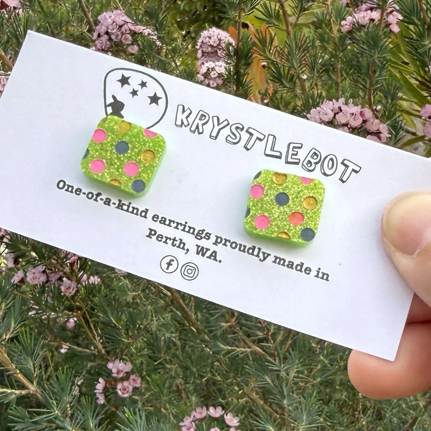 Apple green glitter spotted hand painted square shaped acrylic earrings, one-of-a-kind, only one made like this