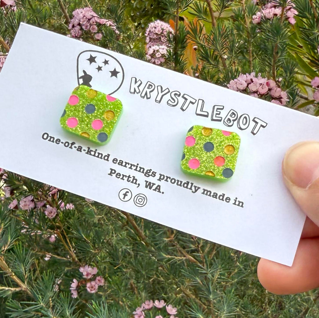 Apple green glitter spotted hand painted square shaped acrylic earrings, one-of-a-kind, only one made like this