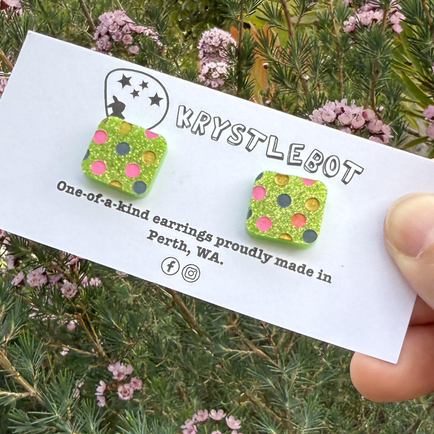 Apple green glitter spotted hand painted square shaped acrylic earrings, one-of-a-kind, only one made like this